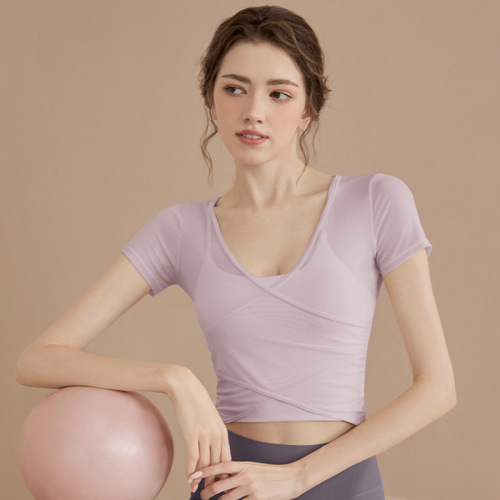 Mesh yoga clothing tops for women 2024 new summer fitness clothing Pilates new style with chest pads short sleeves