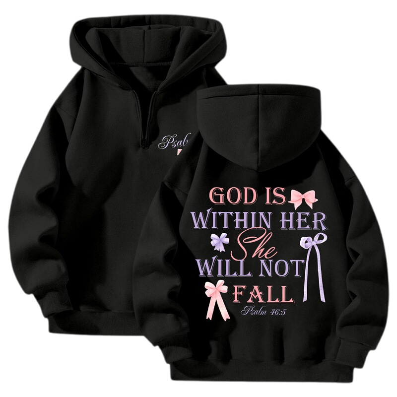 Black Women's Retro Letter Sweatshirt with Fashionable Double-Sided Print and Quarter-Zip Fleece Sweatshirt