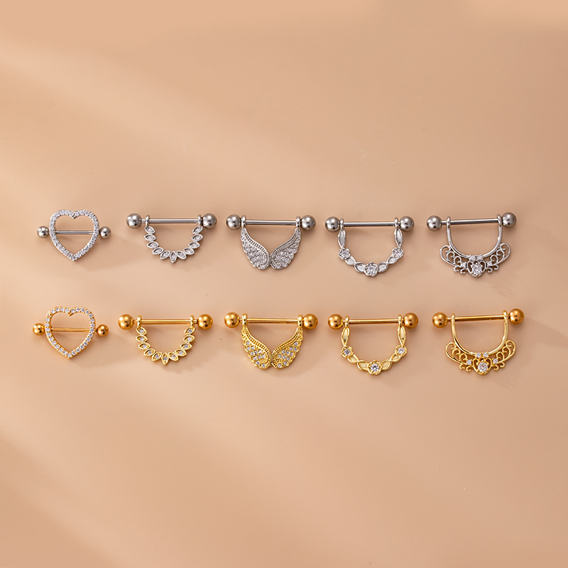 Adhesive nail Classification 1 Piece Quantity 1 Piece 316L Stainless Steel Copper Zircon Nipple Rings & Studs Heart Shape Wings Waterproof Non Tarnish Surgical Steel Women'S