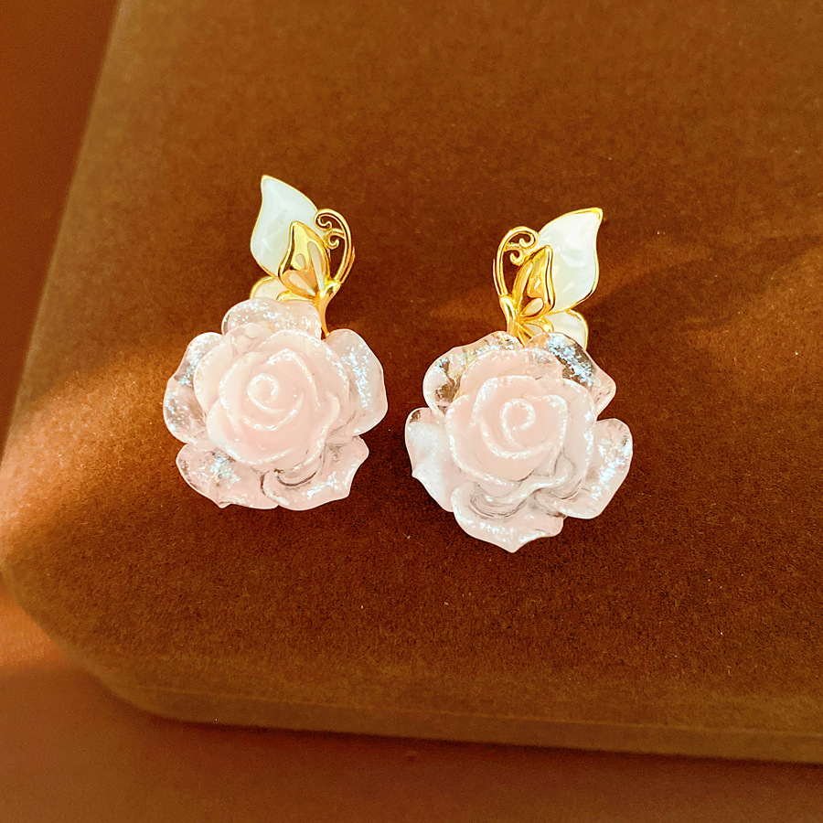 Agujas de plata goteando aceite de resina de mariposa flor pernos de aretes de brillo dulce temperamento fresco pendientes de moda lujoso ligero de alta sensación de aretes image 7