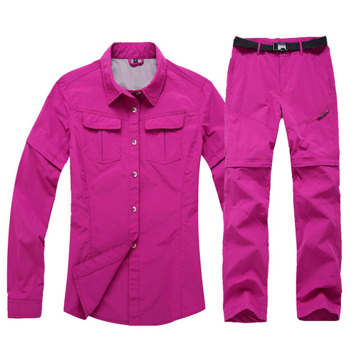 Outdoor women's quick-drying shirt long-sleeved detachable short-sleeved two-piece solid color quick-drying quick-drying pants set