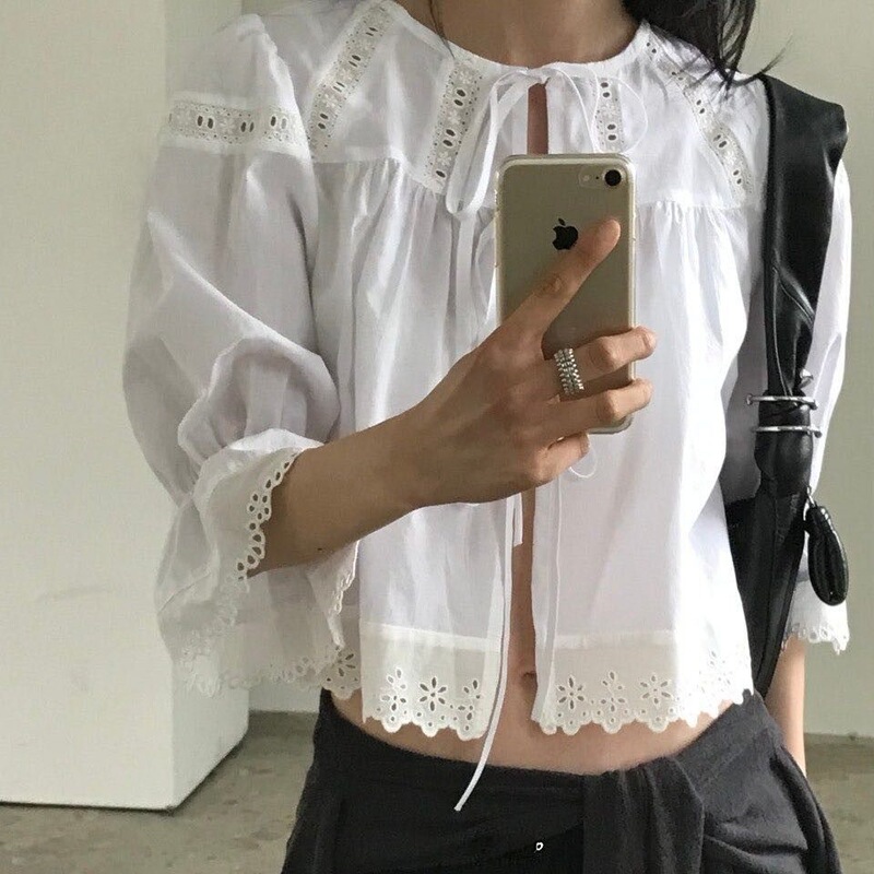 Now Available: Korean Designer We*Re Lace-Trimmed Lace-Up Shirt, Korean-Style Feminine Layering Versatile Solid Color Top Now Available: Korean Designer We*Re Lace-Trimmed Lace-Up Shirt, Korean-Style Feminine Layering Versatile Solid Color Top