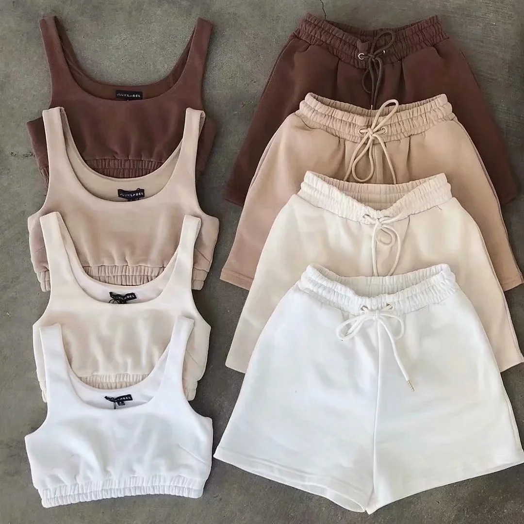 double-layer terry vest & loose pocket drawstring shorts two-piece set NSHS52062