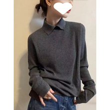 欧洲站2025秋季新款欧货简约纯色宽松套头Polo领羊毛针织打底衫女