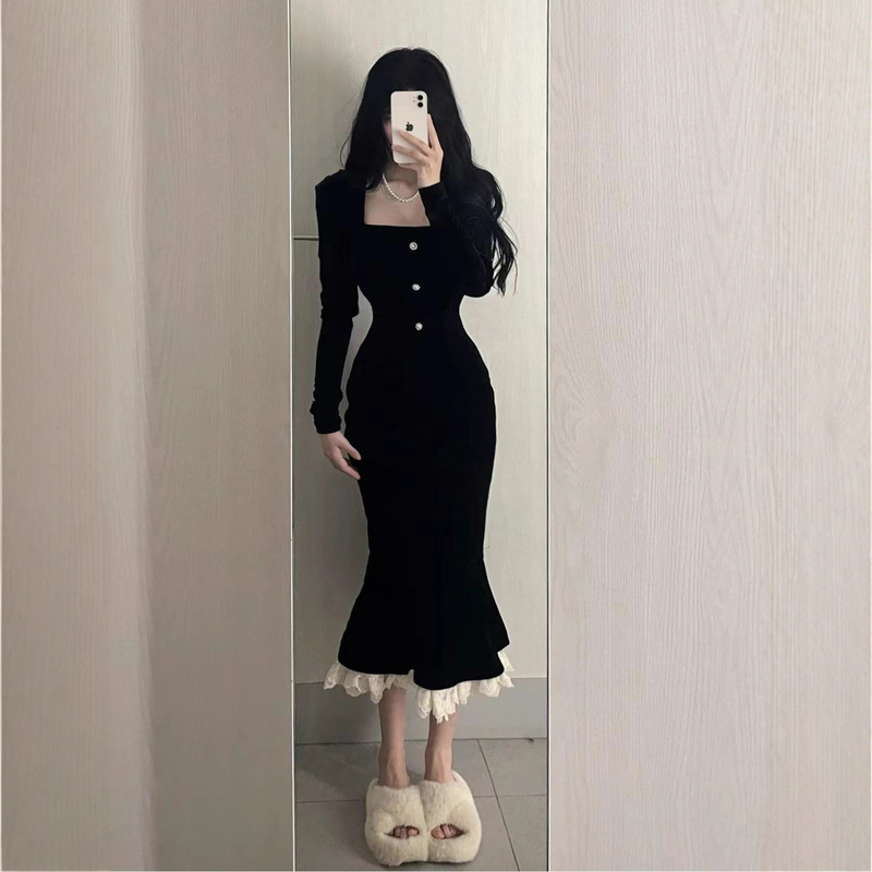 法式方领黑色鱼尾连衣裙女冬季复古温柔修身丝绒包臀裙气质长裙子|undefined