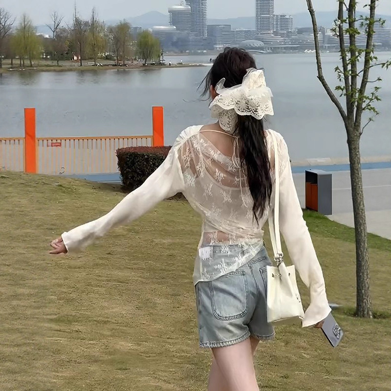 [Ready Stock in Our Own Factory] Lace Splicing Mesh Slanted Shoulder Long-Sleeved Shirt Women's Summer Shirt Thin Top