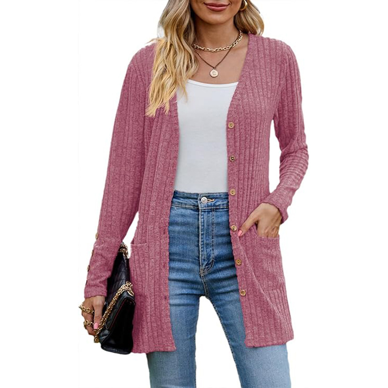 European and American Ladies Cardigan Sweater Autum Fashion Cardigan Lightweight Soft Knitted Mid-Length Cardigan with Flap Pocket Pants Jacket