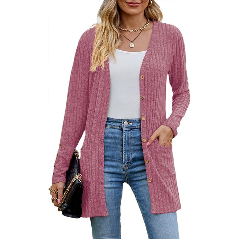 European and American Ladies Cardigan Sweater Autum Fashion Cardigan Lightweight Soft Knitted Mid-Length Cardigan with Flap Pocket Pants Jacket