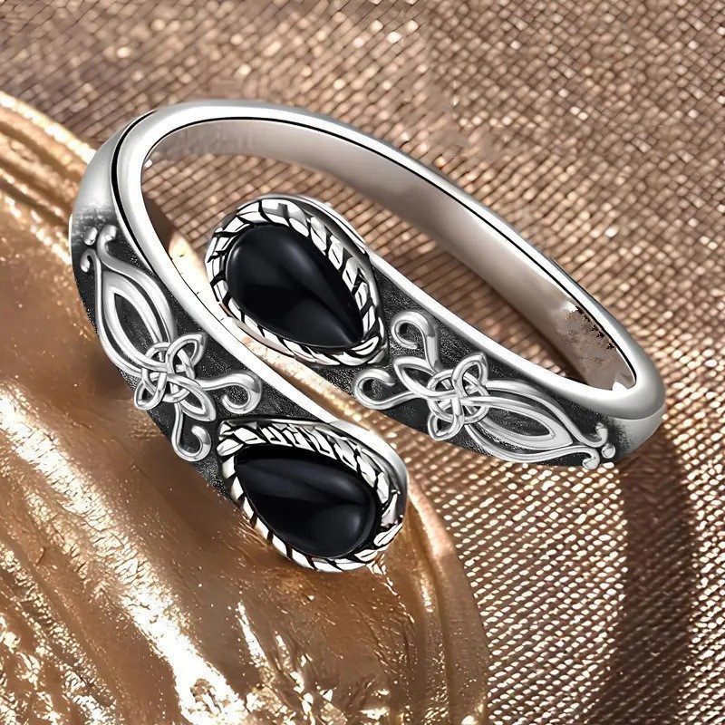 Neues grenzüberschreitendes Produkt: Verstellbarer offener Ring aus europäischer und amerikanischer Legierung mit geometrischem Blumen- und Tropfenmotiv, Damenschmuck_voghion.com