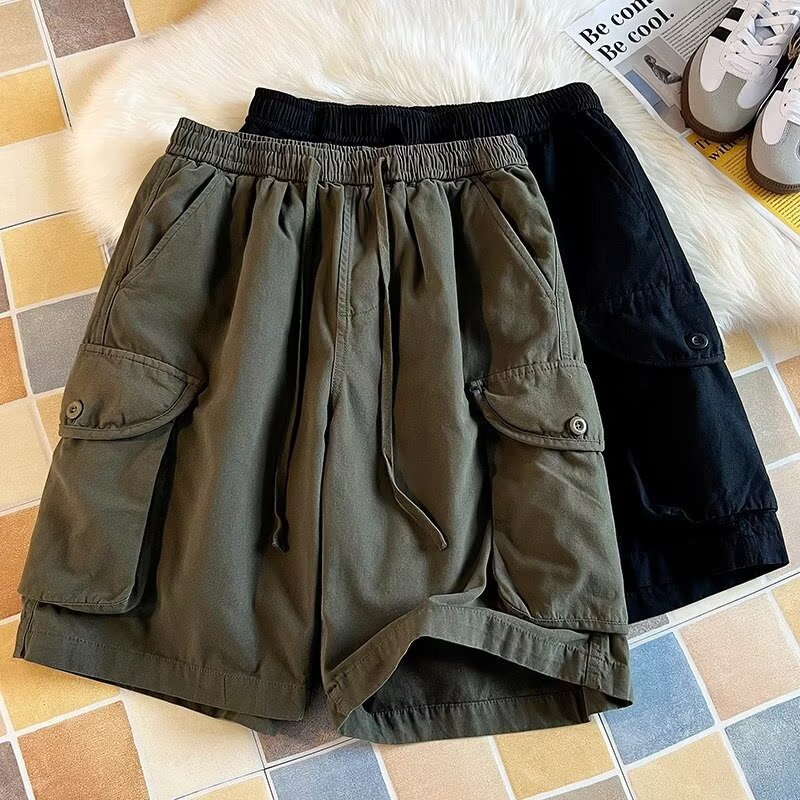 Pure Cotton Multi-Pocket Cargo Shorts for Men, Casual Retro Trendy Straight Mid-Length Functional Wide-Leg Harem Shorts