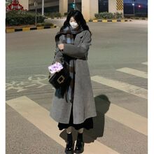 秋冬加绒小个子大衣2024毛呢秋冬新款韩版灰色宽松中长款外套