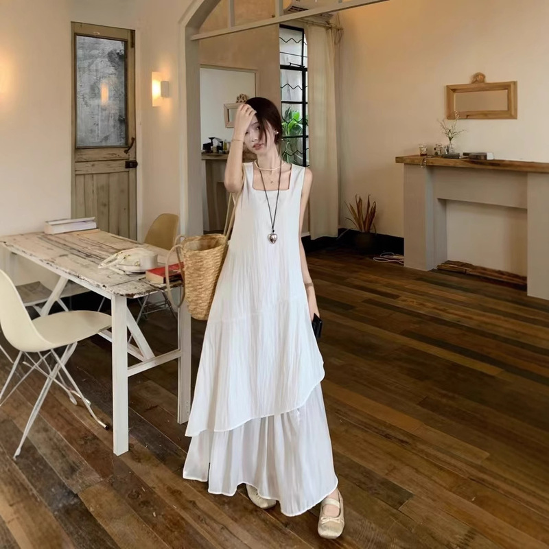 French-Style Irregular White Dress for Women, Summer 2026 New Model, High-End Faux Two-Piece Tank Top Long Dress French-Style Irregular White Dress for Women, Summer 2026 New Model, High-End Faux Two-Piece Tank Top Long Dress