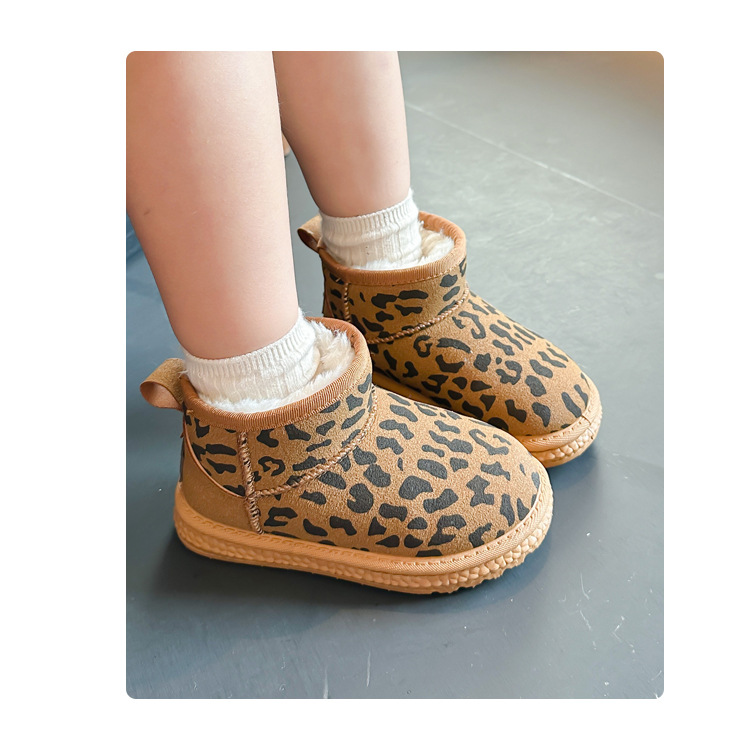 Children's leopard print snow with thick fleece and warm soft sole, medium to children's winter boys' large shoes,_voghion.com