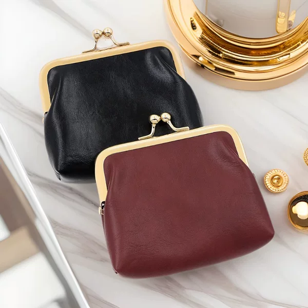 Vintage Oil Skin Light Gold Clip Edge Candy Color Mini Hand Coin Bag Large Capacity Iron Clip Coin Purse Red Bag