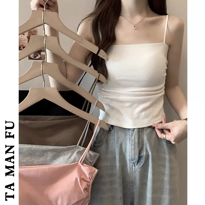 白色吊带背心女内搭夏季性感美背一字抹胸褶皱上衣外穿裹胸带胸垫