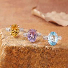 天然大颗托帕石紫水晶黄水晶戒指女千禧切工s925纯银彩宝直播爆款