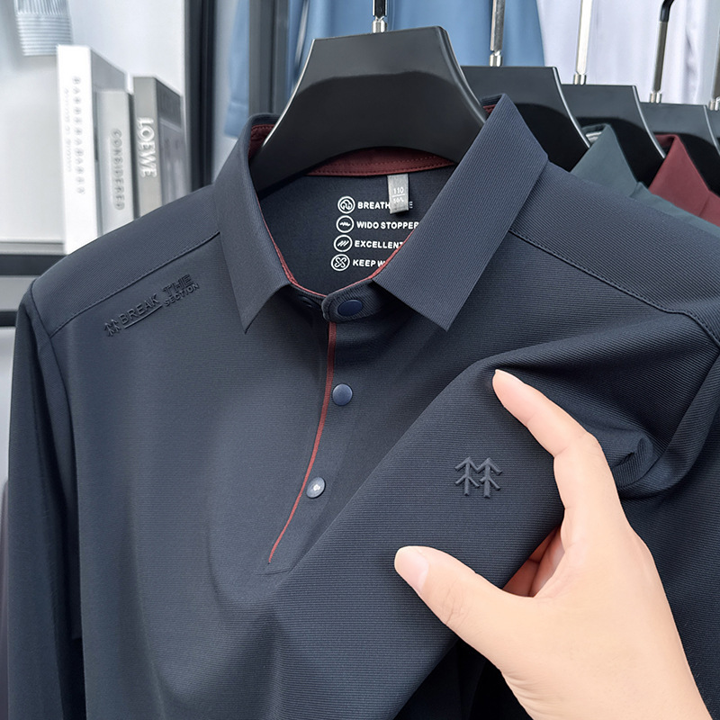 New Style Hidden Button Seamless Lining Brushed Polo Shirt Long-Sleeved T-Shirt Loose Casual Versatile Middle-Aged Dad Autumn Wear