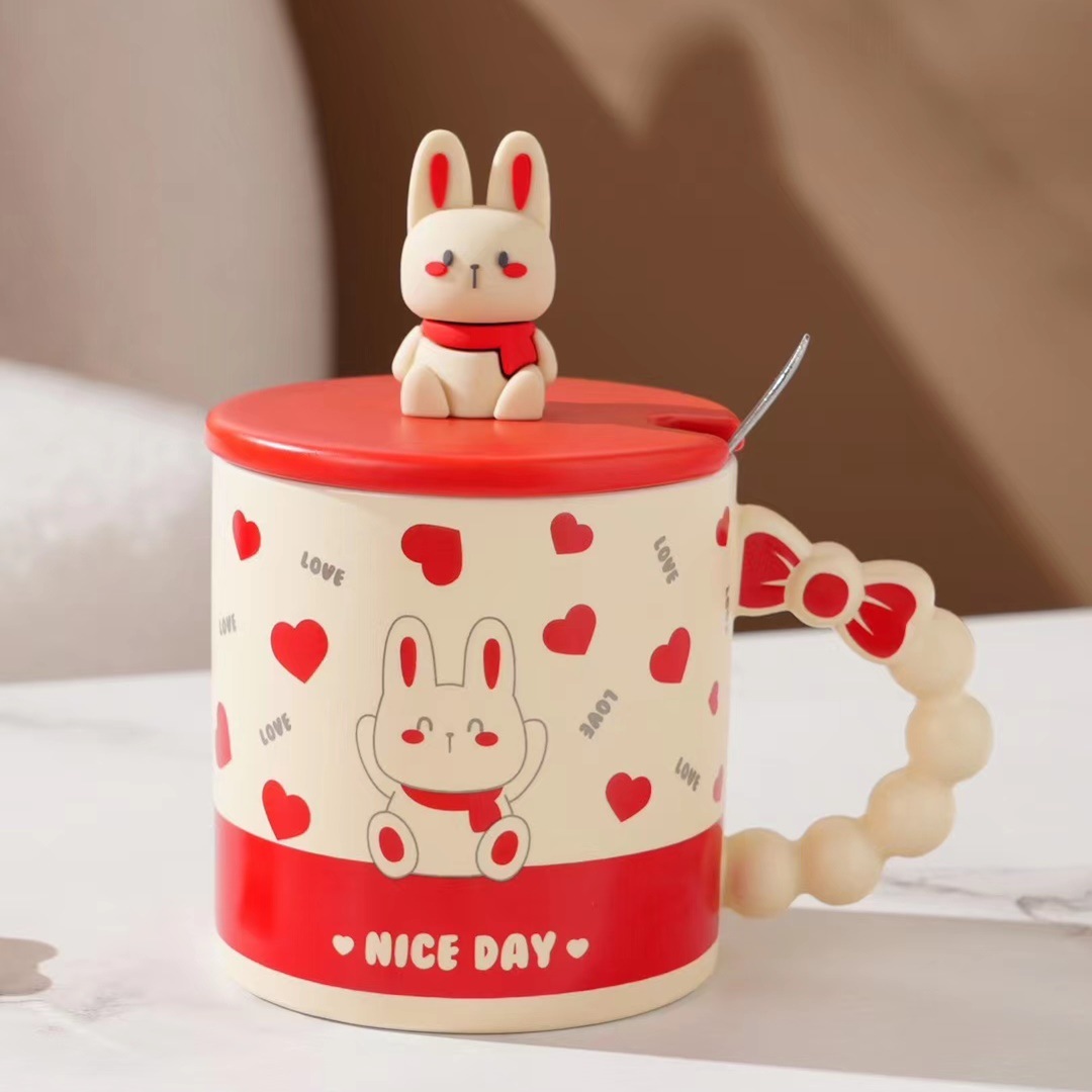 Personalidad creativa conejo de dibujos animados taza regalo cerámica taza con tapa cuchara arco café Oficina