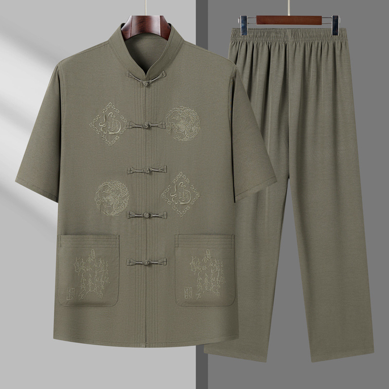 Summer Suit Tang Suit Men's Shirt Chinese Style Grandpa Ice Silk Short Sleeve Middle-aged Hanfu Clothes for the Elderly Dad suit