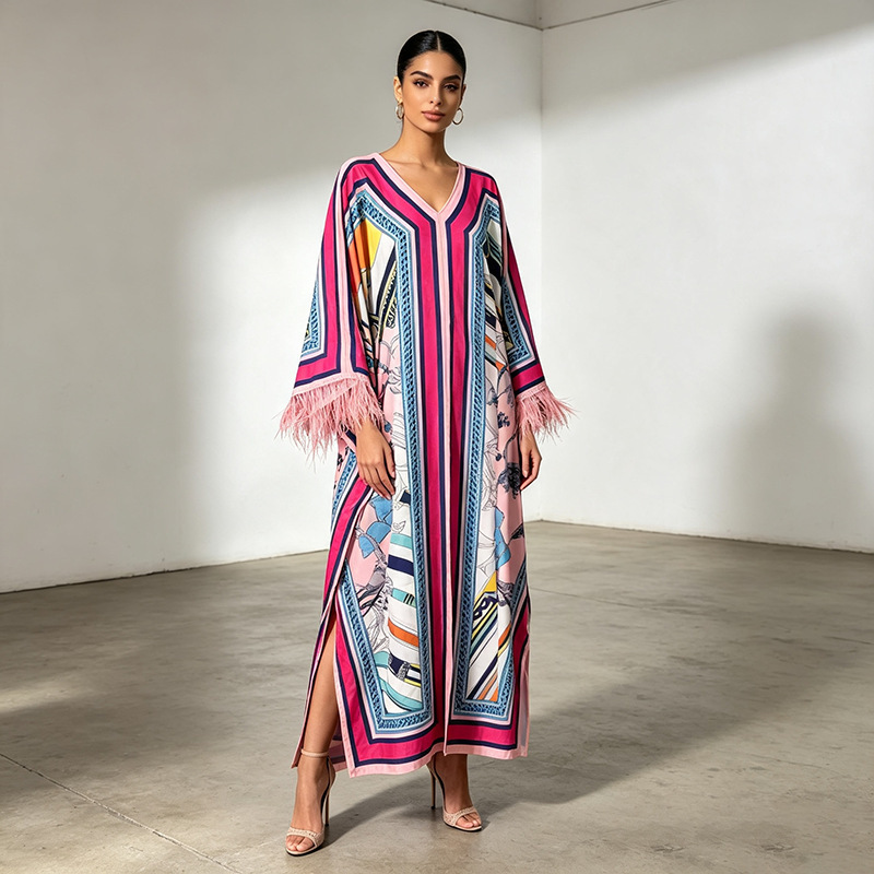 Casual Vacation Style Dress 2026 New Model Bat Sleeve Fashion Print with Feather Design Loose Long Dress Casual Vacation Style Dress 2026 New Model Bat Sleeve Fashion Print with Feather Design Loose Long Dress