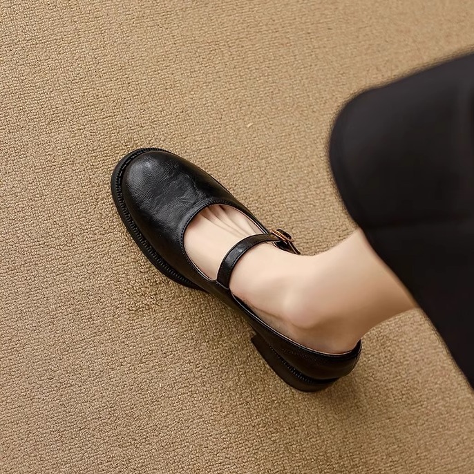 复古圆头玛丽珍鞋女2025新款粗跟浅口真皮软底JK单鞋英伦风小皮鞋