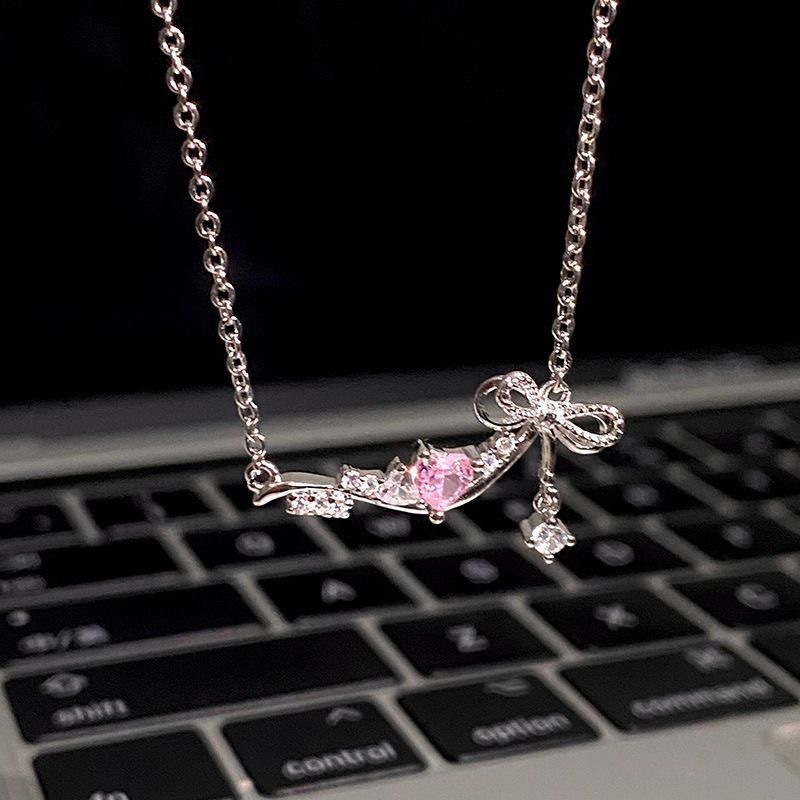 Pink Love Bow Necklace Women's Sweet Cute Girl's Heart Collarbone Chain Light Luxury Niche Design High-grade Decoration