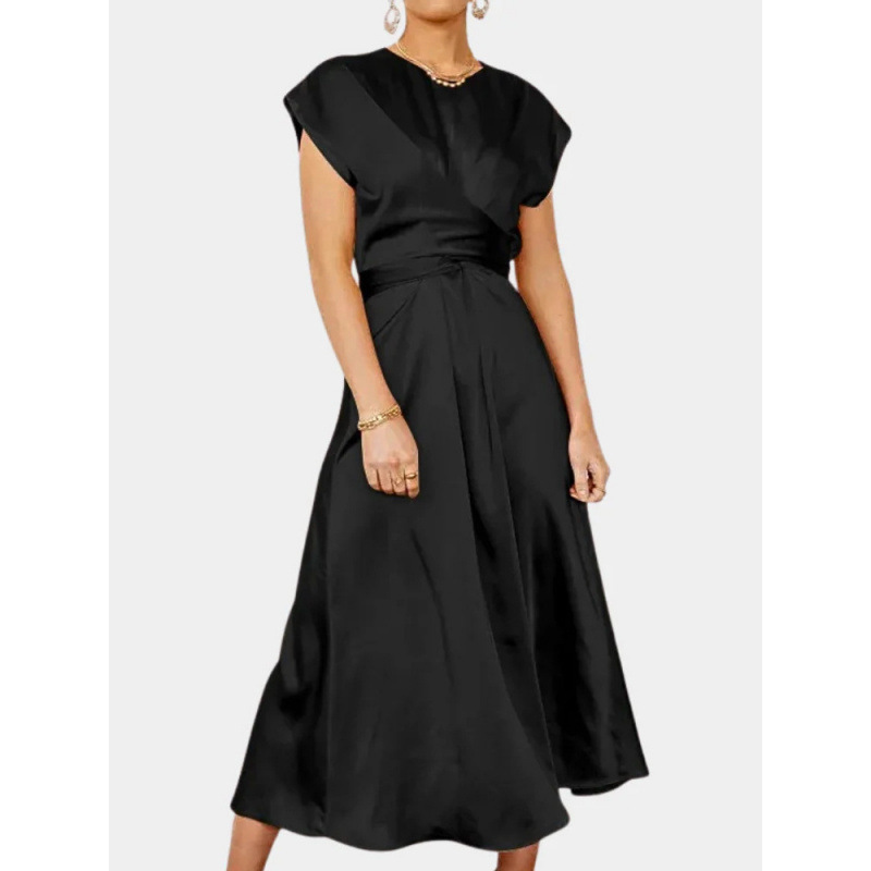 Cross-Border Hot-Selling Satin Sleeveless Women's Dress for Weddings, Parties, and Evening Events, with Tie-Waist and Ruffled Long Skirt