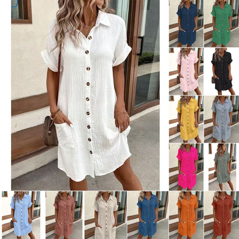 2026 Amazon European and American Cross-Border Casual Solid Color Cotton and Linen Button-Down Long Short-Sleeved Loose Shirt Dress for Women 2026 Amazon European and American Cross-Border Casual Solid Color Cotton and Linen Button-Down Long Short-Sleeved Loose Shirt Dress for Women