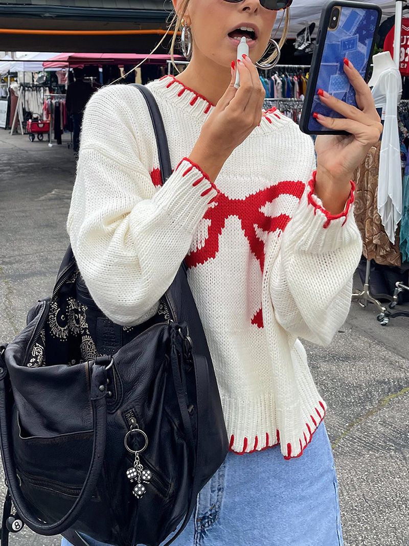 Vêtements pour femmes Pull jacquard à nœud pour femme Automne et hiver Style paresseux Pull ample chaud et confortable_voghion.com