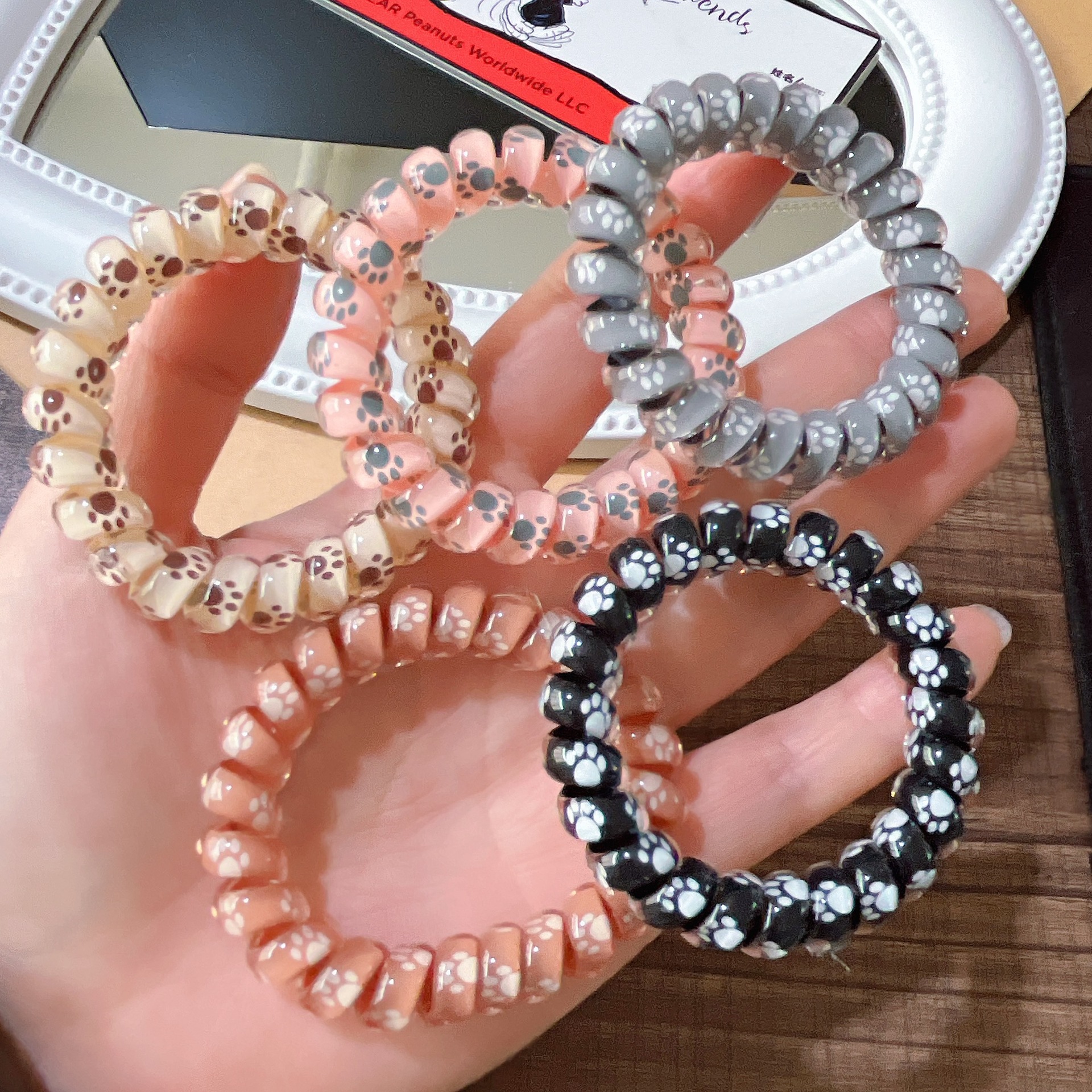 1#프린트 및 염색된 새끼 고양이 발톱 젤리 전화 코드 머리끈, 무작위 1개