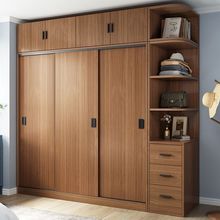 衣柜胡桃色家用卧室实木加厚衣橱简易平移门收纳柜子小户型大容量