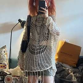 欧美式小众镂空连帽针织蜘蛛网上衣女夏设计感乞丐风渔网上衣