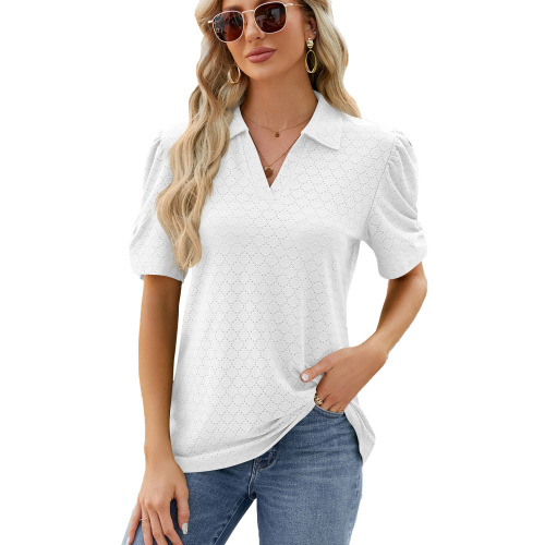Amazon European and American cross-border foreign trade 2024 spring and summer new solid color V-neck short-sleeved loose T-shirt top for women