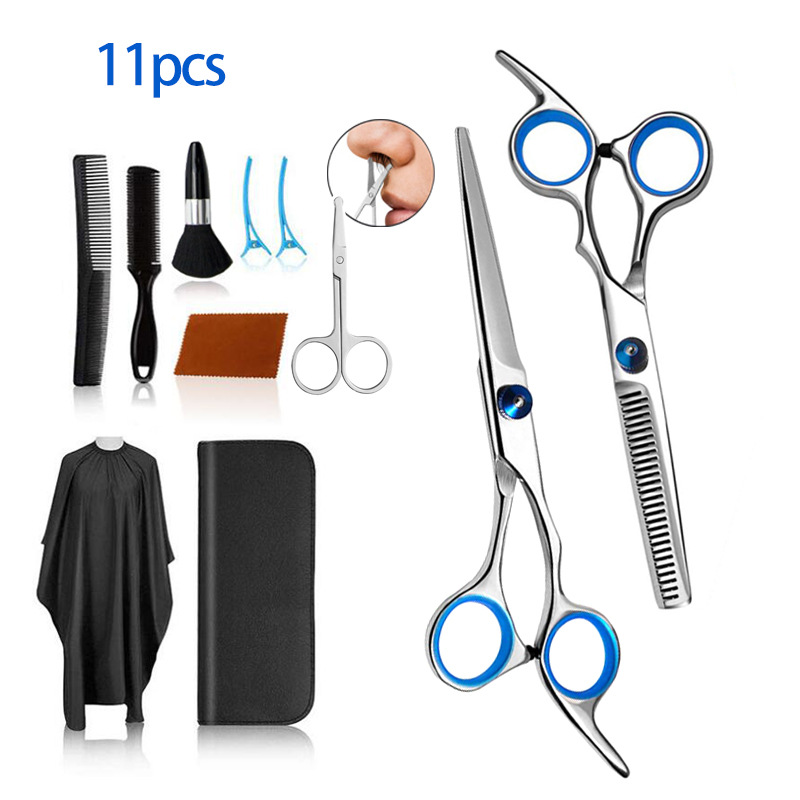 外贸爆款 11件套 不锈钢6寸 平剪牙剪打薄剪套装 鼻毛剪 刮刀搭配
