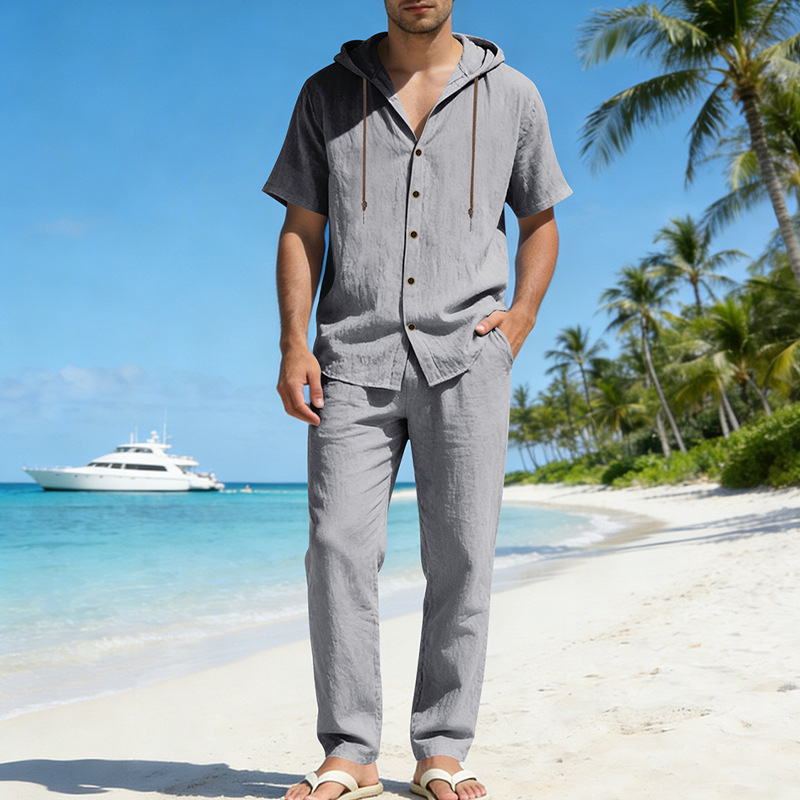 Herren Sommer-Freizeitanzug mit Hemd und Hose, locker geschnitten, Leinen, Kapuze, kurzärmelig, europäisch-amerikanischer Stil, gerades Bein_voghion.com
