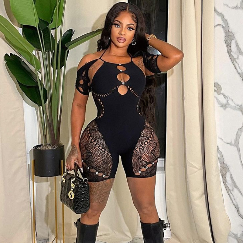 Lencería sexy de estilo europeo y americano Yuedie, ropa de malla sexy con mangas, ajuste ceñido, diseño hueco, cintura alta, body de encaje adornado con pedrería YDT033. image 3
