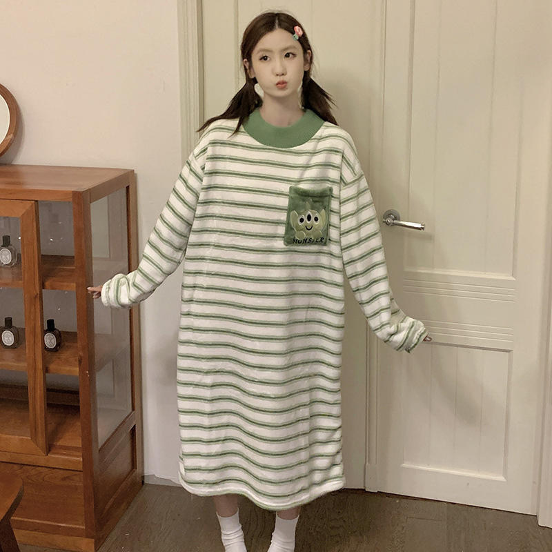 Invierno pijamas de la muchacha del camisón franela cuello redondo Jersey manga larga vestido dibujos animados lindo dulce homewear caliente