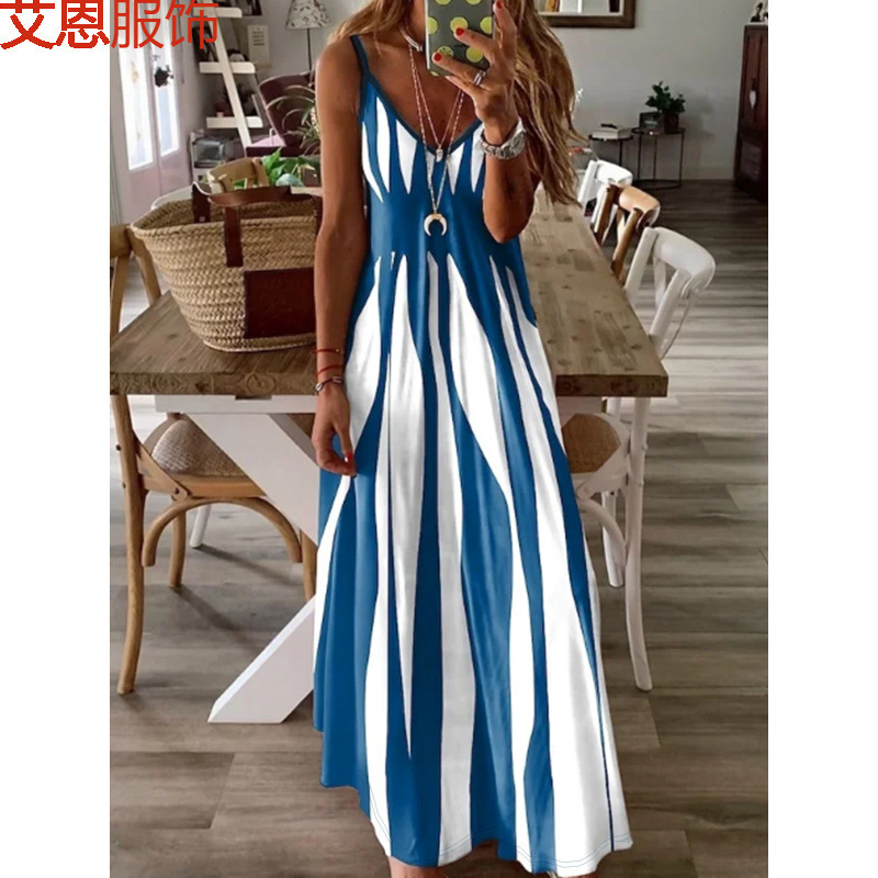 Marble Print Suspender Dress Spring and Summer Resort Style Sleeveless Long Dress Women's Clothing