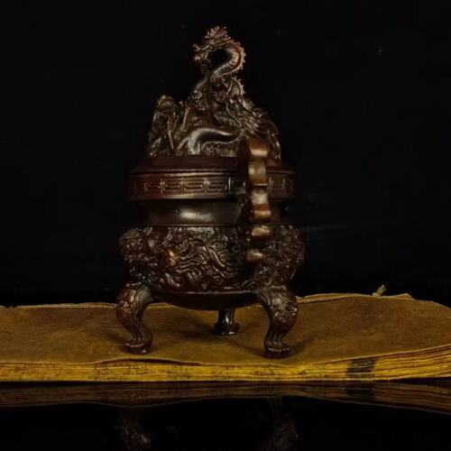 Brass Chinese Nine Dragon Tripod Nine Dragon Dan Furnace Daming Xuande three-legged incense burner tower incense burner household tea ceremony tea art ornaments