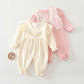 女童秋季童裝2025新款韩版飞飞袖刺绣双层连体衣哈衣满月春秋装