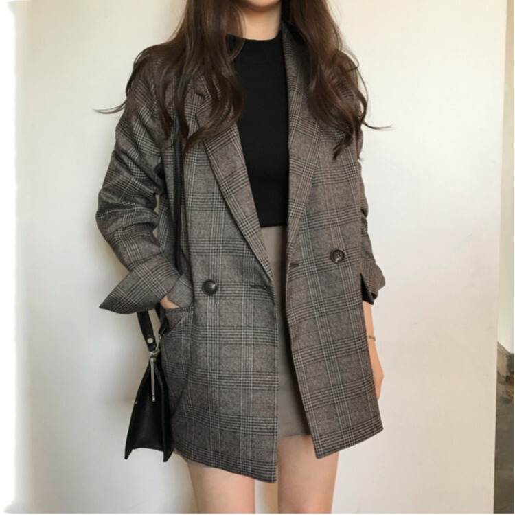 South Korea chic autumn and winter simple retro plaid lapel two-button loose double pocket long sleeve small suit jacket for women South Korea chic autumn and winter simple retro plaid lapel two-button loose double pocket long sleeve small suit jacket for women