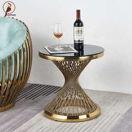 轻奢大理石圆边几柜不锈钢沙发旁边角几卧室客厅酒店钢玻璃小茶几