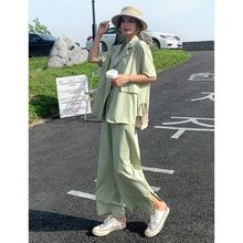 胖特大码斤阔腿裤西装套装女夏季薄款宽松短袖小西服两件套