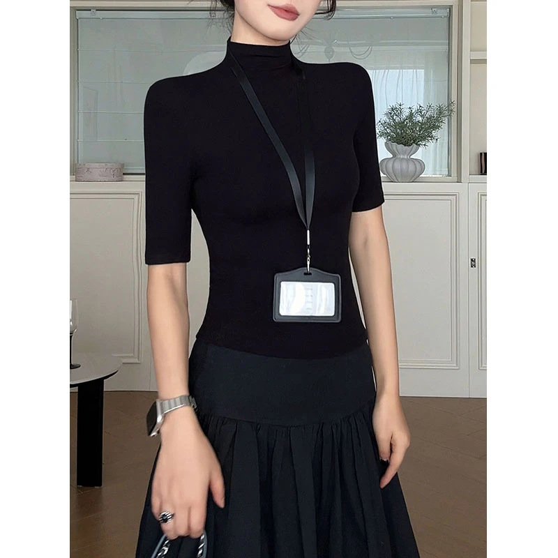 半高领中袖t恤女打底衫内搭2026新款秋季修身高级感五分半袖上衣