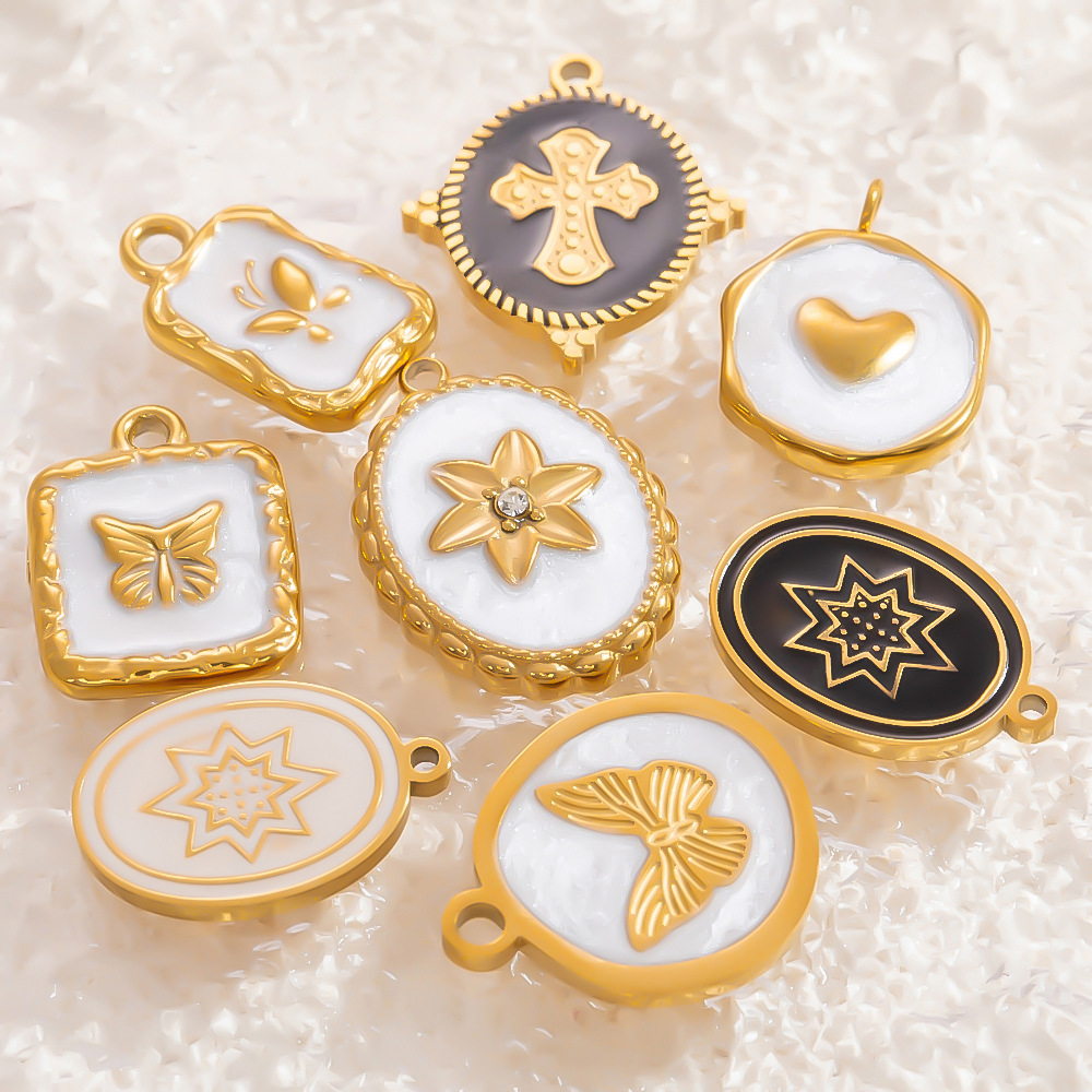 PVD Coated Gold Plating Process 1 Piece 8.9mm 304 Stainless Steel Zircon PVD Coated Real Gold Plated Cross Heart Shape Butterfly Pendant DIY Jewelry Accessories