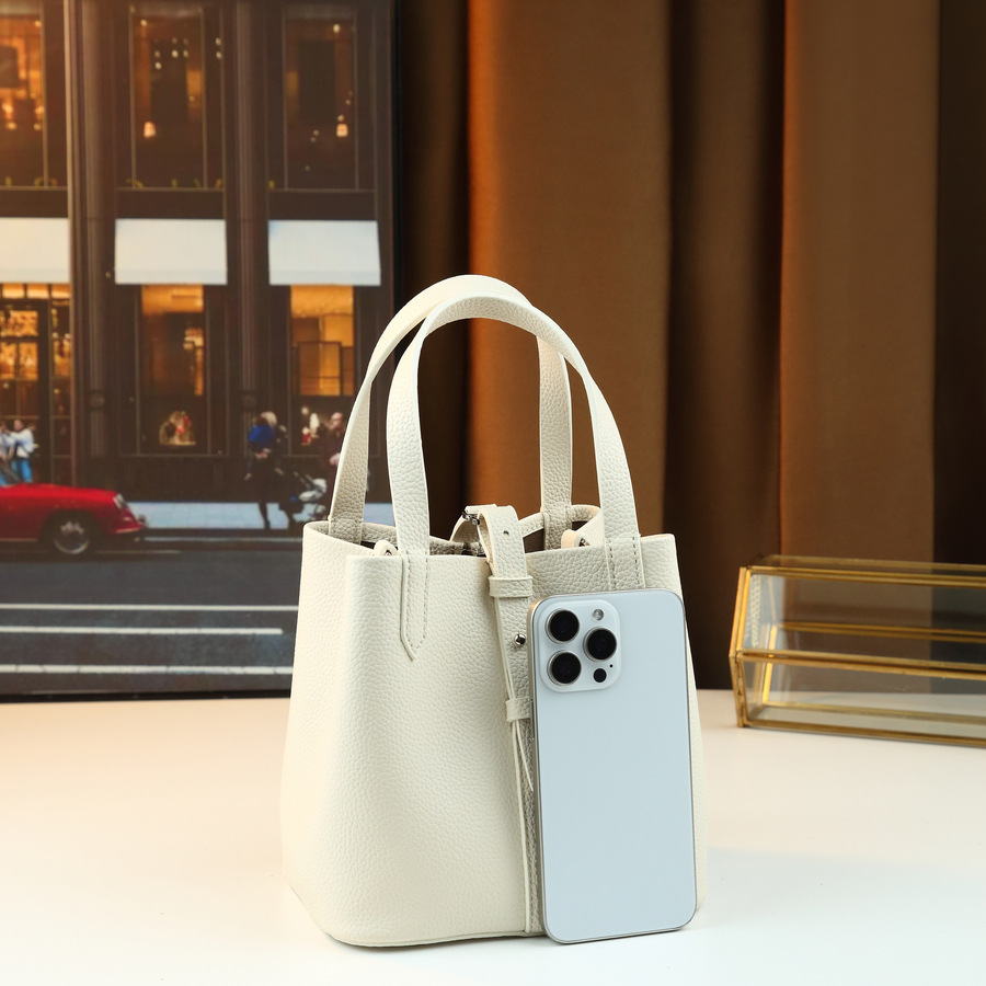 Lychee Pattern Women's Handbag Solid Color Bucket Bag Versatile Shoulder/Crossbody Bag For Commuting PU Leather Zipper Closure Medium Size_voghion.com
