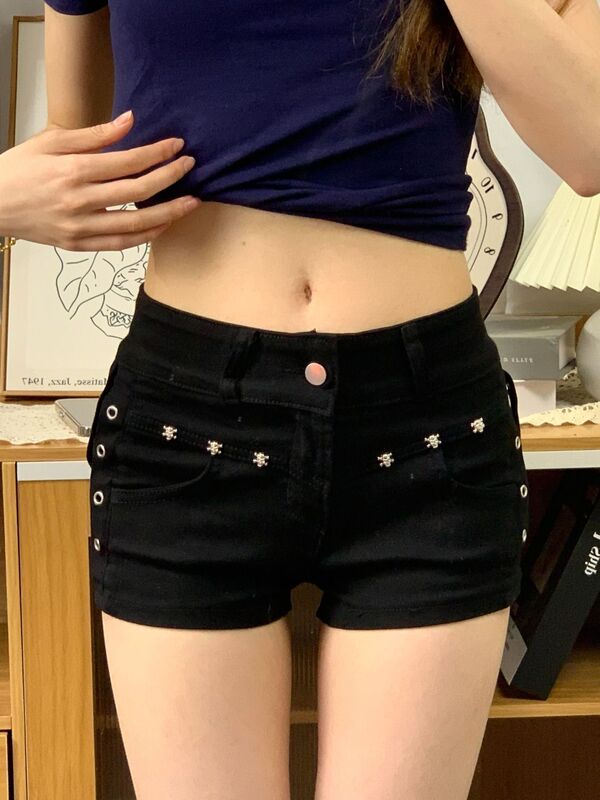 辣妹黑色y2k美式铆钉设计低腰牛仔短裤超短裤夏季显瘦a字新款热裤|undefined