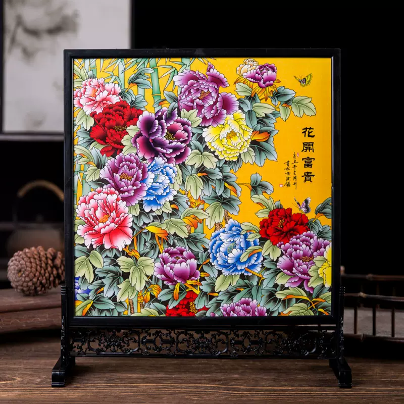 景德镇中式粉彩瓷板画家居客厅陶瓷工艺品玄关客厅装饰摆件