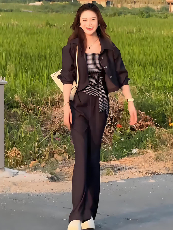 时尚套装女2025秋季新款洋气短款外套不规则格纹吊带阔腿裤三件套|undefined