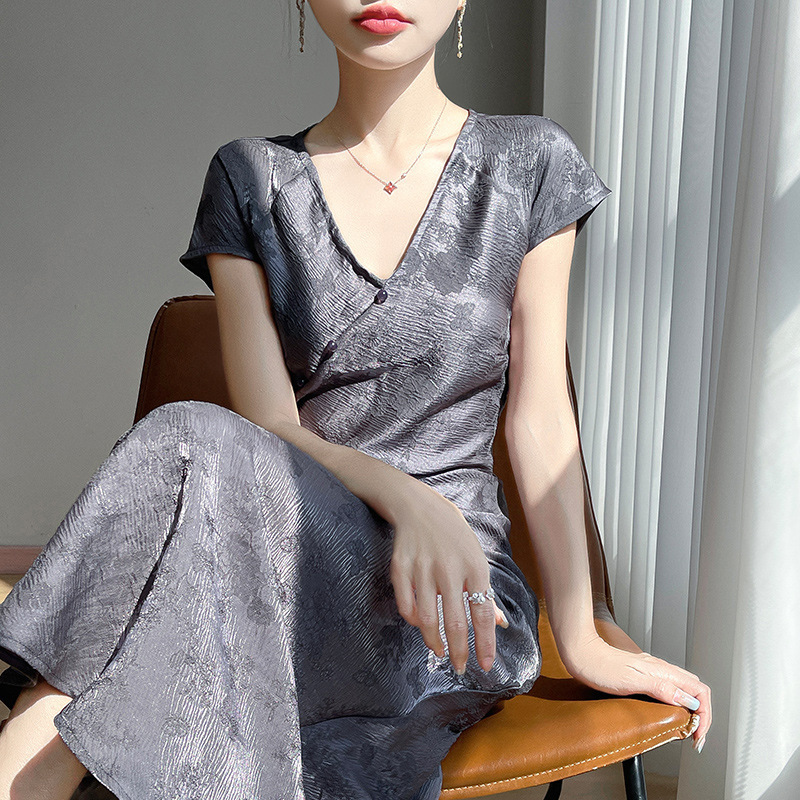 2026 New Style Ultra-Long Dress V-Neck Women's Butterfly Fairy National Style Dress Summer Satin Imitation Silk Slimming Effect Wholesale N